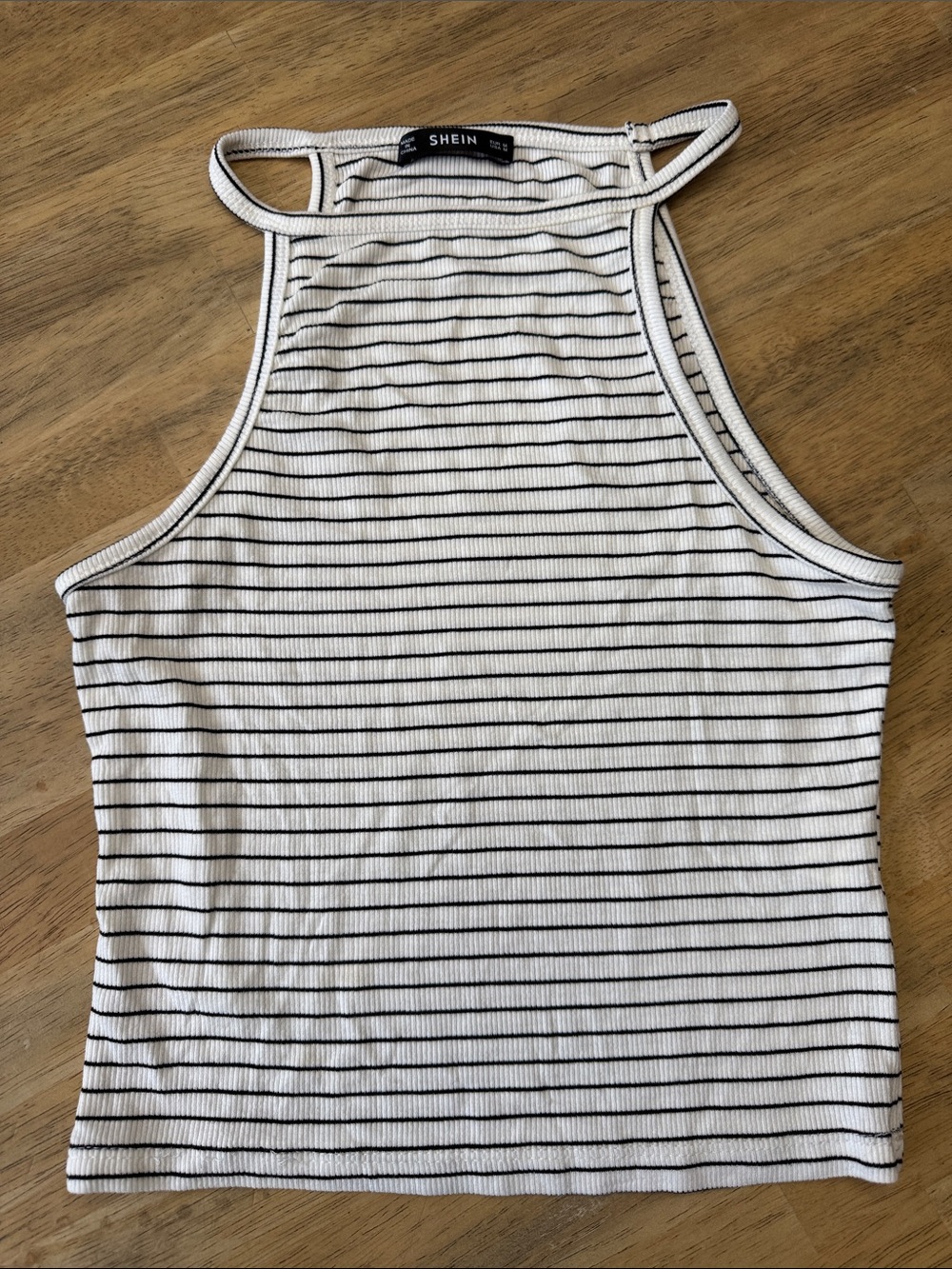SHEIN White & Black Striped Ribbed Halter Crop Tank